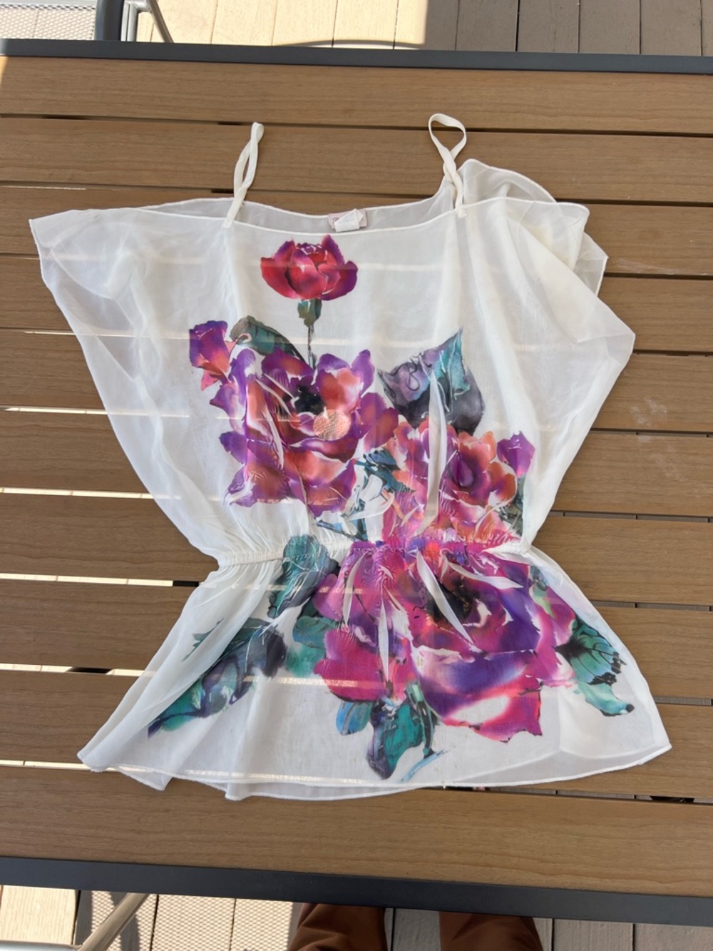 Pretty Good White Sheer Camisole with Purple and Pink Floral Print